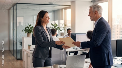Professional business colleagues exchanging documents in a modern office environment.