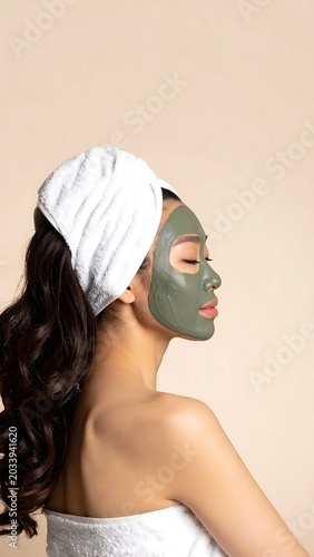 Young Woman Wearing Green Facial Mask in Minimal Studio Setting