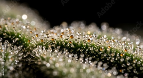 Close up of cannabis trichomes with water droplets