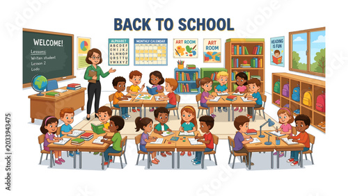 Tableau sur toile Back To School Classroom Scene: A lively illustration of a classroom setting with a teacher instructing a diverse group of enthusiastic young students engaged in various learning activities