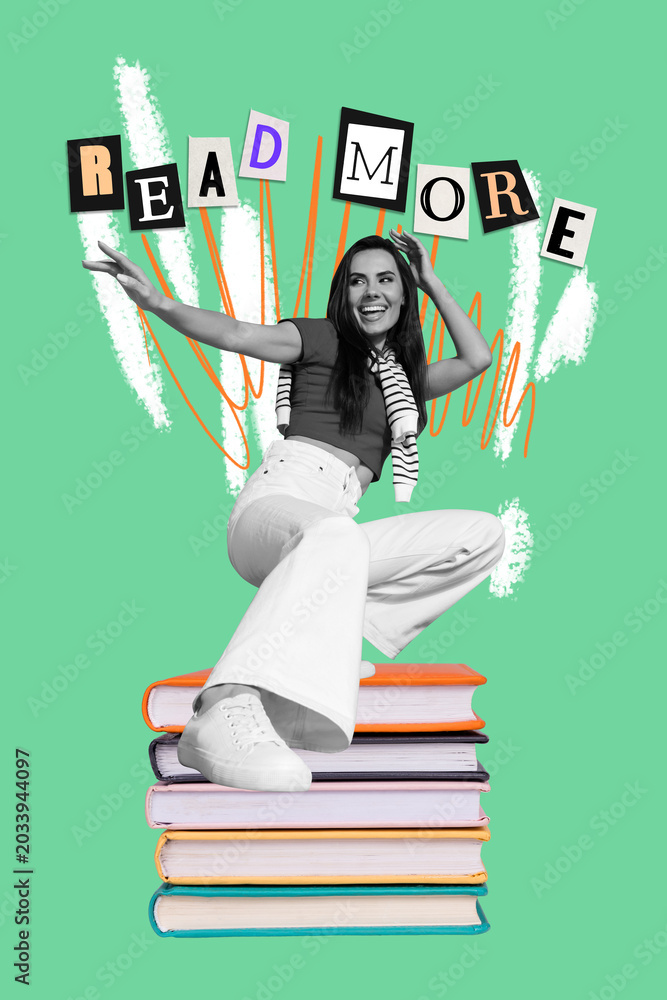 Obraz premium Pop poster collage of person dance book under slogan text read more on green background