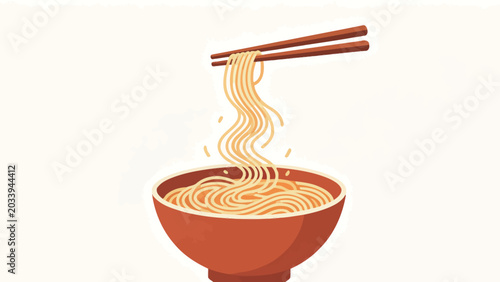 Minimalist flat vector illustration of brown wooden chopsticks lifting curly noodles from a warm red noodle bowl, with tiny broth droplets, set against a soft off-white neutral background