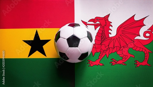 soccer ball between ghana flag and wales flag