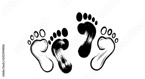 Quadro su tela Two pairs of stylized footprints in black ink, representing journey and connection