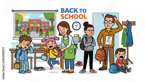 Konstfotografi Back to School Chaos: A mixed group of parents and children experience the frantic energy of the first day back to school, with varying emotions from exhaustion to excitement