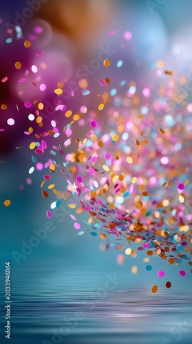 Festive colorful confetti bursting in the air over calm water surface with soft pastel bokeh lights background. AI generated