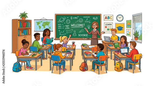 Foto Classroom Learning: A vibrant elementary school classroom comes alive with a teacher engaging a diverse group of young students in a lesson, filled with curiosity and eagerness to learn