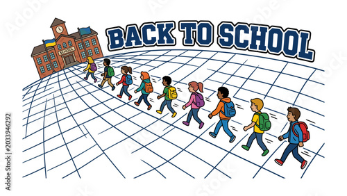 Tableau sur toile Back to School Parade: A cheerful procession of diverse children, each with a backpack, marches towards a grand school building under a blue sky