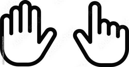 Two minimalist black hand icons illustrating a flat open palm gesture and a pointing finger