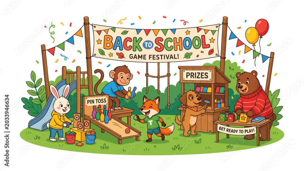 Naklejka premium Back to School Carnival with Animal Friends: A vibrant and cheerful scene depicts various animal characters enjoying a Back to School Game Festival with games, prizes, and festive decorations.