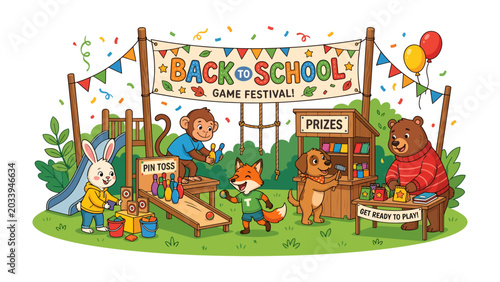 Canvas Print Back to School Carnival with Animal Friends: A vibrant and cheerful scene depicts various animal characters enjoying a Back to School Game Festival with games, prizes, and festive decorations