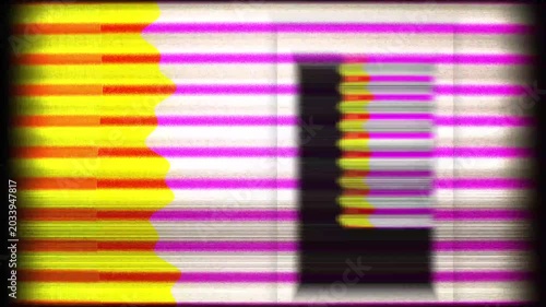 Interference on an analog TV with pink and yellow scan lines. Distortion on a cathode ray monitor with color separation and static interference.