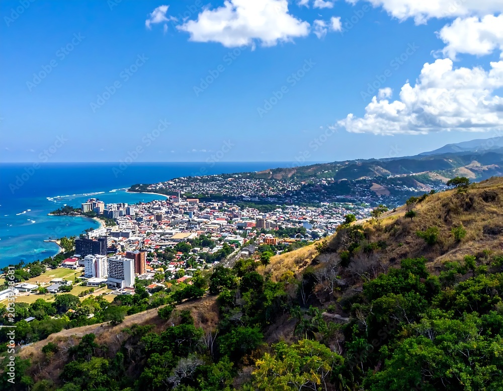 Fototapeta premium Panoramic Coastal City Overlooking Blue Ocean From Green Mountain Hillside