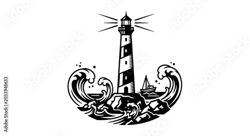Schilderij op canvas Lighthouse guiding ship through stormy sea waves, maritime navigation beacon