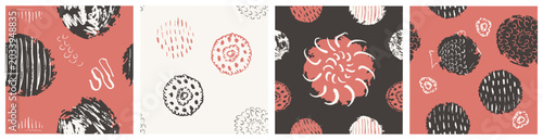 Foto Hand Drawn Abstract Circle Seamless Pattern Set in Coral Red Black and Cream wit
