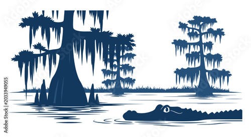 Fotografie Alligator Swimming in Swamp with Cypress Trees and Spanish Moss Silhouette