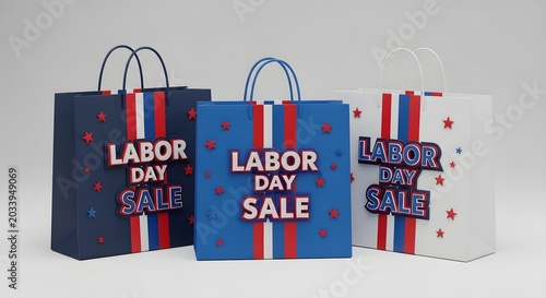 Three shopping bags with labor day sale text and star decorations, isolated on white background
