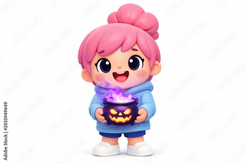 Fototapeta premium Cute cartoon character with pink hair holding a glowing Halloween cauldron