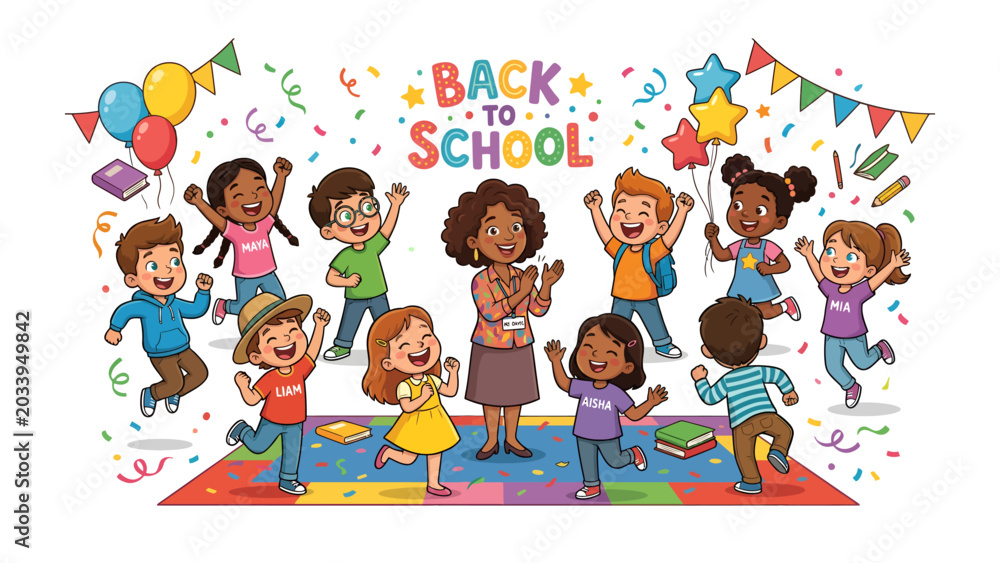 Fototapeta premium Back to School Celebration: A cheerful teacher leads a diverse group of excited children in a lively Back to School celebration, surrounded by balloons, confetti, and festive decorations.