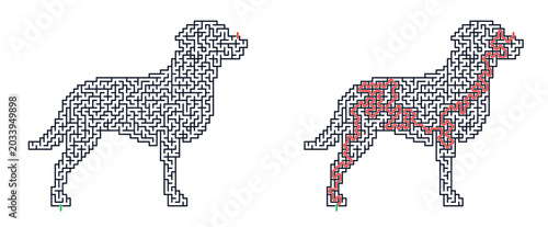 Dog shape maze puzzle game with solution, isolated vector illustration of labrador retriever silhouette labyrinth for kids activity book, educational worksheets and brain teasers