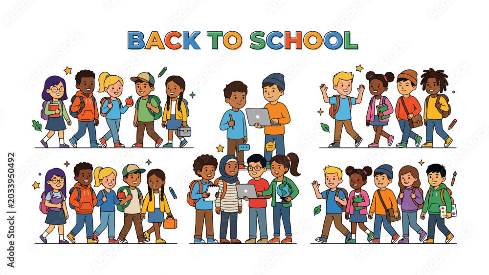 Fototapeta premium Back to School Parade: A vibrant illustration depicts a diverse group of children, each carrying backpacks and books, happily heading to school, celebrating the start of a new academic year.