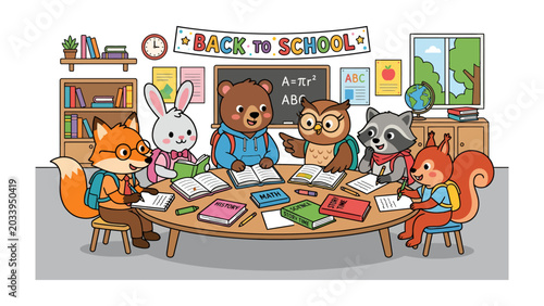 Photography Back to School Forest Animals: A whimsical illustration depicting a charming group of woodland creatures – a fox, rabbit, bear, owl, raccoon