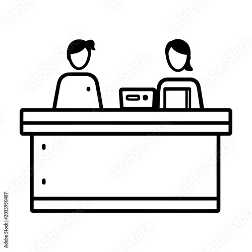 Vector of two people sitting at a counter assisting customers