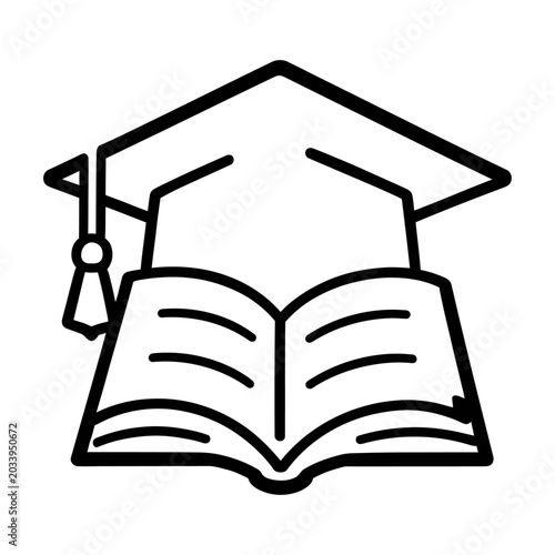 <vector> graduation cap sits atop an open book in a simple line drawing educational symbol