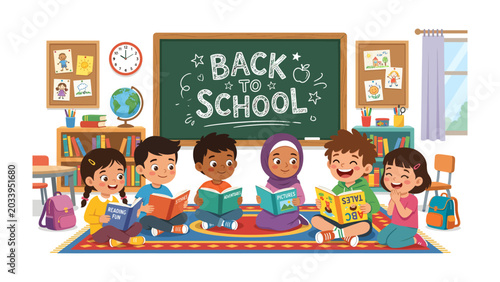 Canvastavla Back to School Classroom Scene: Diverse children gather on a colorful rug in a bright classroom, engrossed in reading books under the inspiring Back to School message on the blackboard