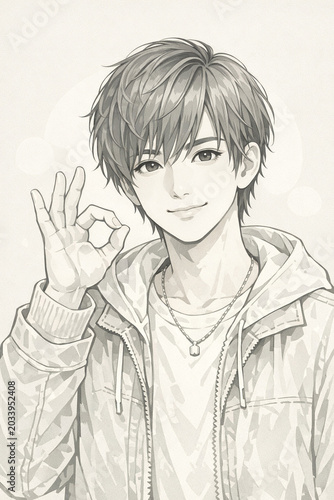 A detailed illustration of an anime-style character giving a peace sign with their right hand. The character has dark hair and is wearing a casual jacket over a shirt.