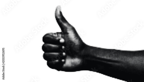 Halftone illustration of a hand giving thumbs up gesture with transparent background vector.