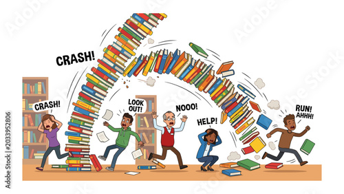 Fotografie Bookshelf Collapse: A chaotic scene unfolds as towering stacks of books dramatically fall, scattering pages and creating a comical disaster for a group of startled people