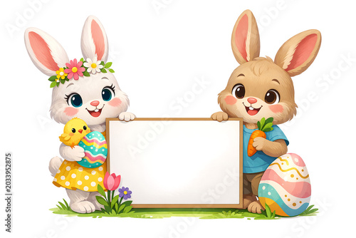 Two animated bunny rabbits holding a blank picture frame on grass with Easter eggs and flowers