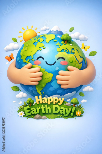 Cheerful cartoon Earth with hands held together in a hug, celebrating the holiday.