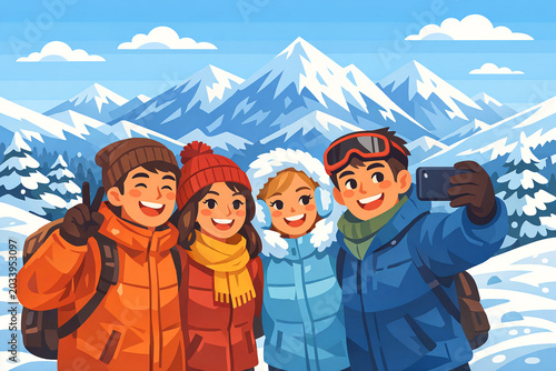 Four happy people posing with mountain backdrop.