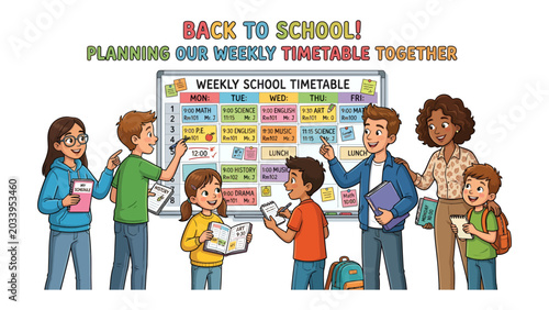 Quadro su tela Back to School Timetable Planning: A group of children and teachers collaborates to plan the weekly school timetable, symbolizing education and organized learning