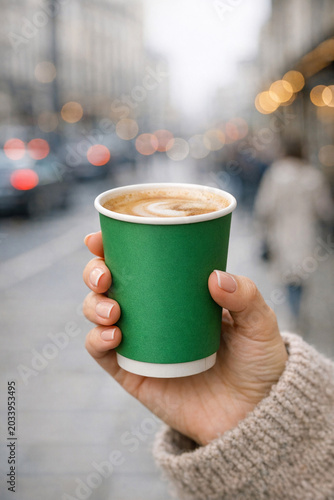 Person with a green and white paper coffee cup. Blurry city background suggesting movement or focus on the beverage.
