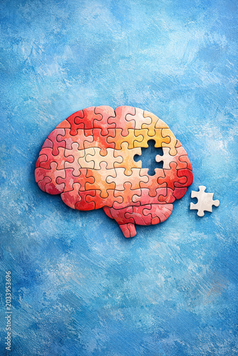 A jigsaw puzzle of a brain with one piece missing on a textured blue background.