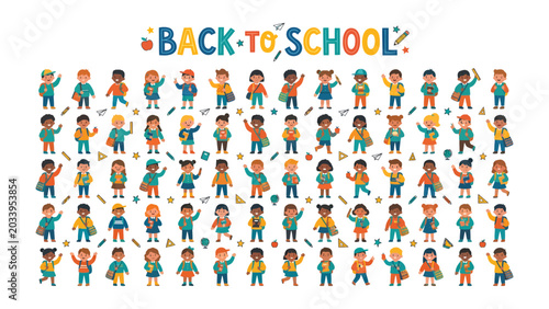 Tableau sur toile A Colorful Assemblage: A vibrant collection of diverse cartoon children, each with unique clothing and expressions, are depicted with the playful BACK TO SCHOOL text