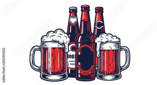 Tableau sur toile Craft Beer Bottles and Mugs with Frothy Foam, Isolated on White Background
