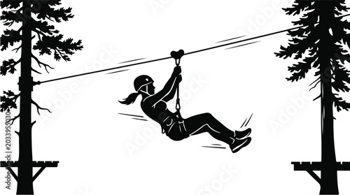 Silhouette of a person ziplining through a pine forest high above the ground, adventure park and canopy tour concept