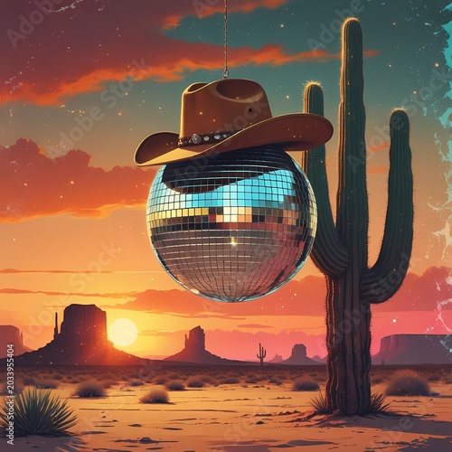 Vintage Mirror Disco Ball Wearing Cowboy Hat at Sunset Landscape