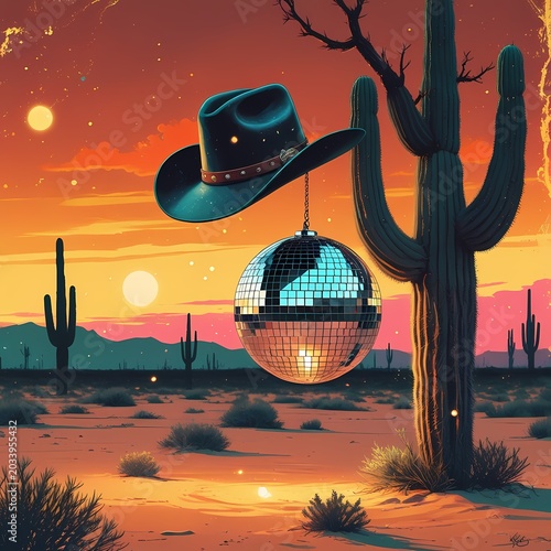 Wild West Themed Party Graphic with Western Hat in Desert Sunset