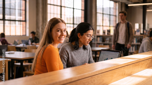 Two Diverse Female Students Studying Together on Laptop in University Library