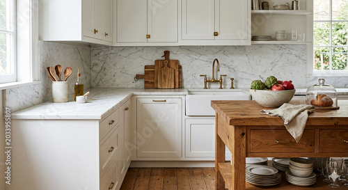 Luxury Kitchen Interior with White Marble Backsplash and Wooden Island Counter