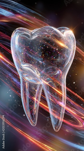 Transparent glowing tooth surrounded by colorful swirling light trails in a futuristic digital art style representing dental care and technology innovation