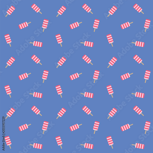 Seamless pattern with cute pink striped popsicles on a vibrant blue background. Minimalist sweet ice lolly vector illustration for summer textiles, packaging, and holiday wrapping paper.