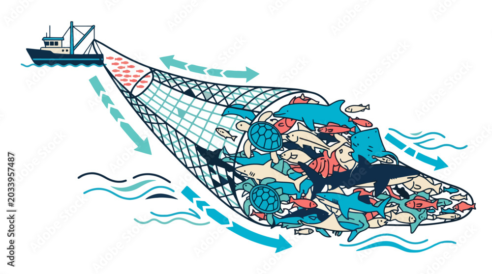 Naklejka premium Vector illustration of commercial fishing trawler boat pulling a large net filled with diverse marine life and bycatch. EPS Editable. Vector Illustrations.