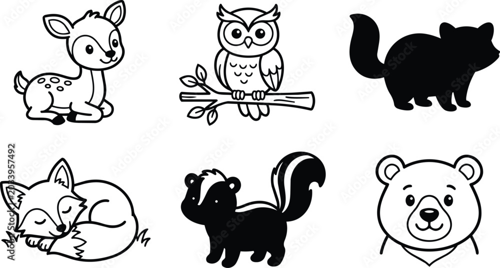 Obraz premium Six black and white animal clipart set featuring deer owl cat fox bear and skunk in vector line art style