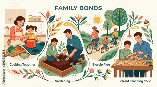 Watercolor illustration of family bonding activities including cooking gardening cycling and crafting together. EPS Editable. Vector Illustrations.